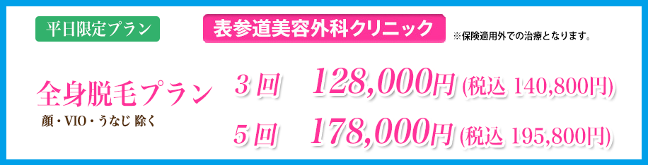 全身脱毛プラン 3回 140,800円／5回 195,800円